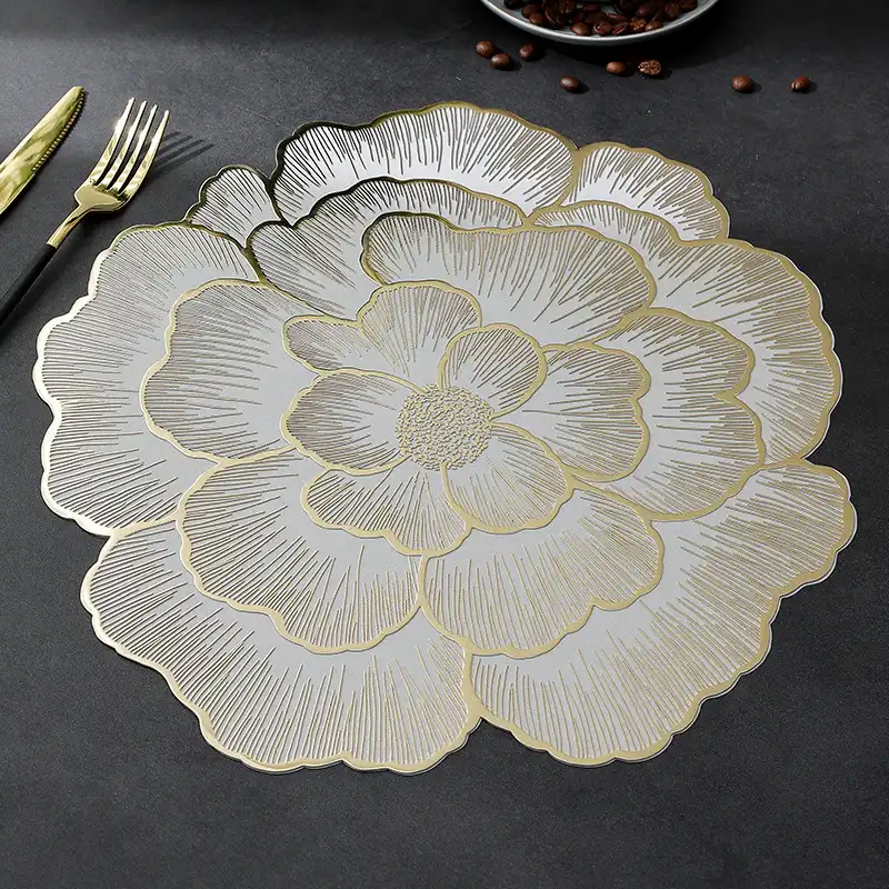 Wholesale Golden Peony Flower Pattern PVC Placemat | Heat Resistant