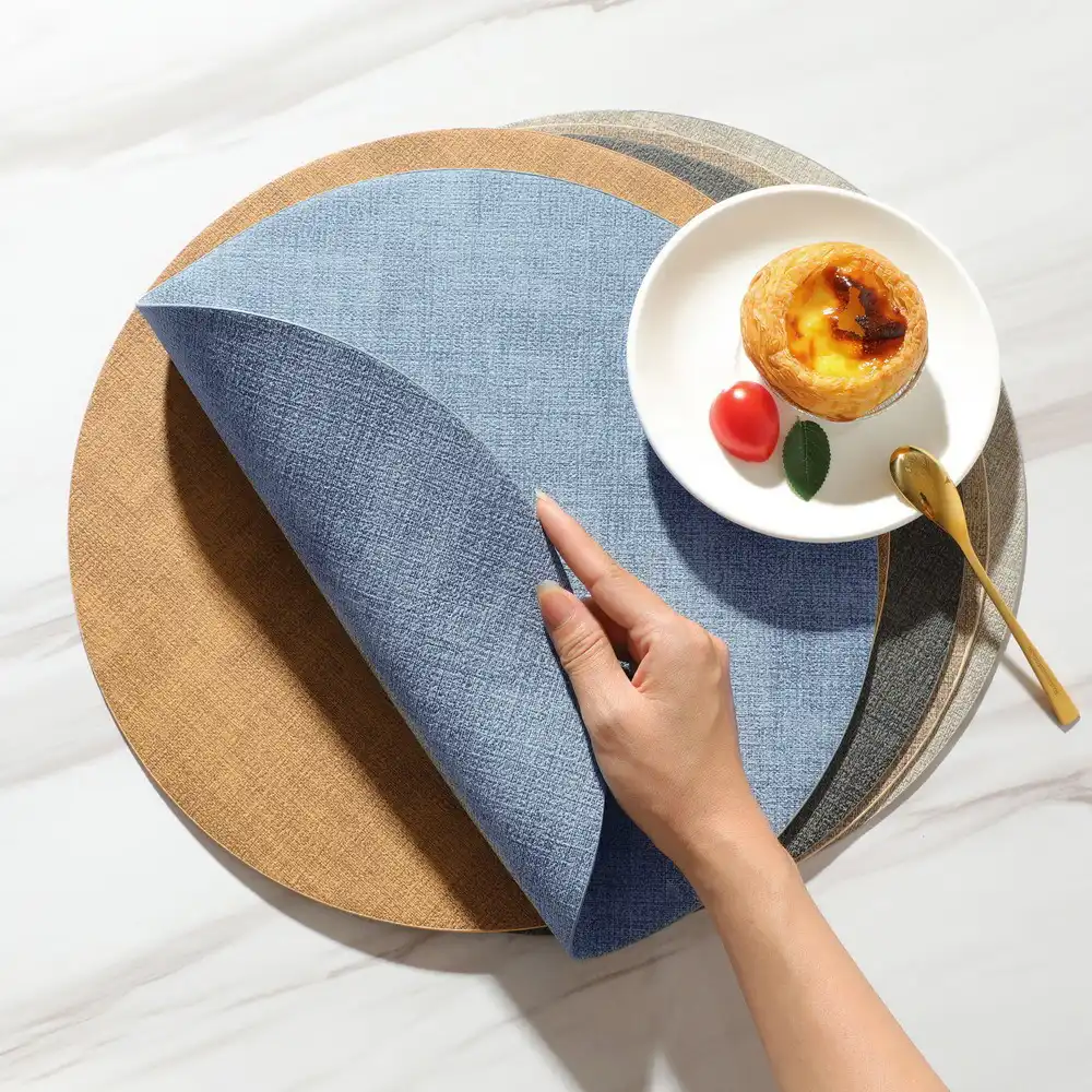 Round Linen-Textured Leather Placemats | Reversible3