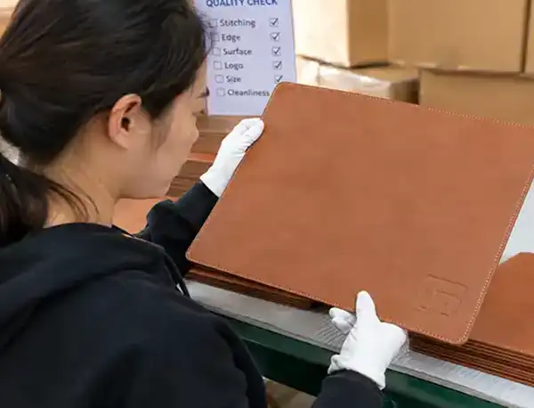 Leather placemat quality inspection by workers