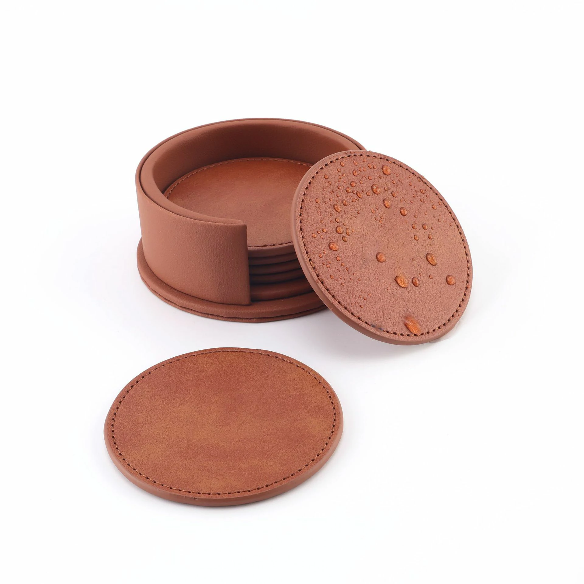 Set of 6 Round PU Faux Leather Coasters with Holder2