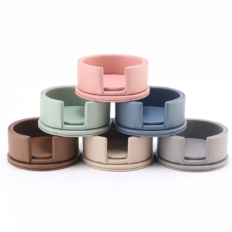 Set of 6 Round PU Faux Leather Coasters with Holder4
