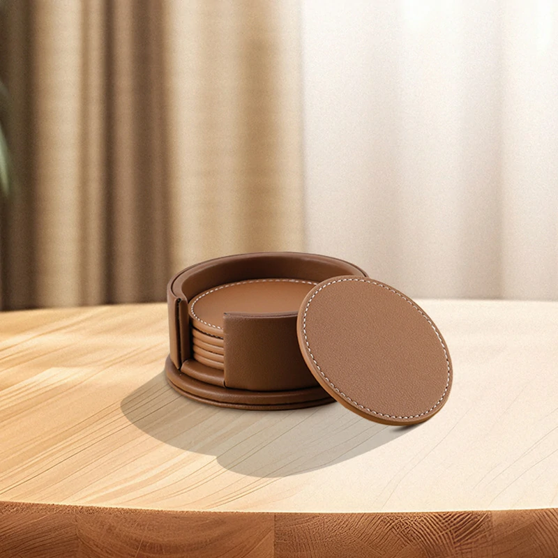Set of 6 Round PU Faux Leather Coasters with Holder3