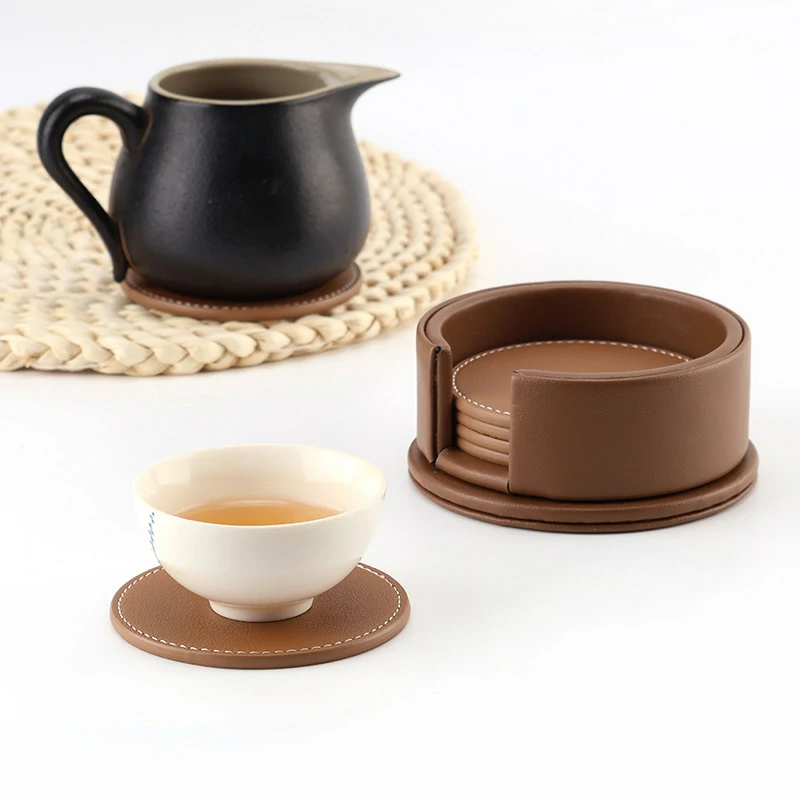 Set of 6 Round PU Faux Leather Coasters with Holder
