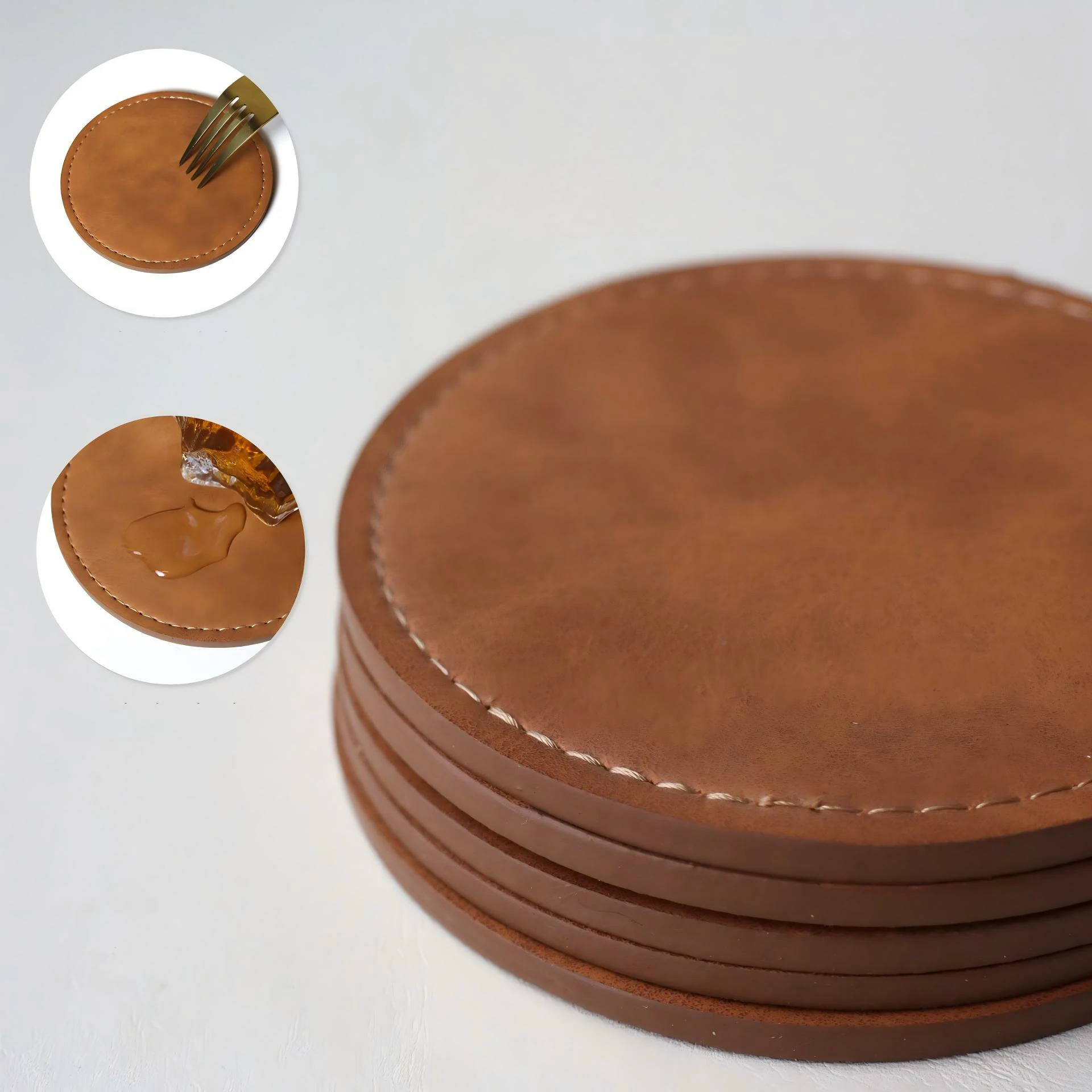 Thickened Stitched Round PVC Faux Leather Coaster2