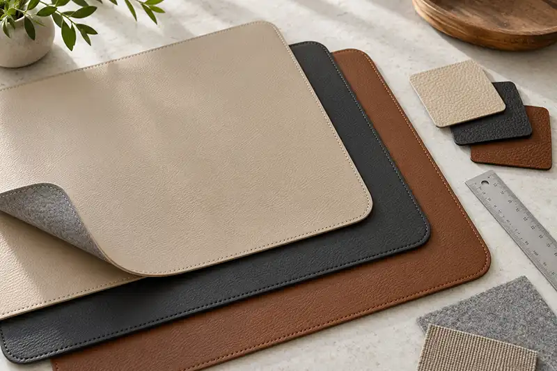 Beige, charcoal and brown faux leather placemat samples showing surface texture, stitching and backing